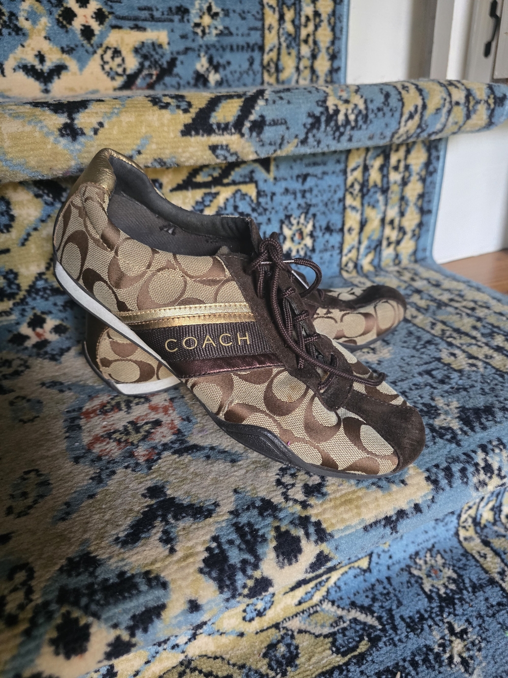 Coach Brown Signature Logo Lace-Up Sneakers with Gold Stripe